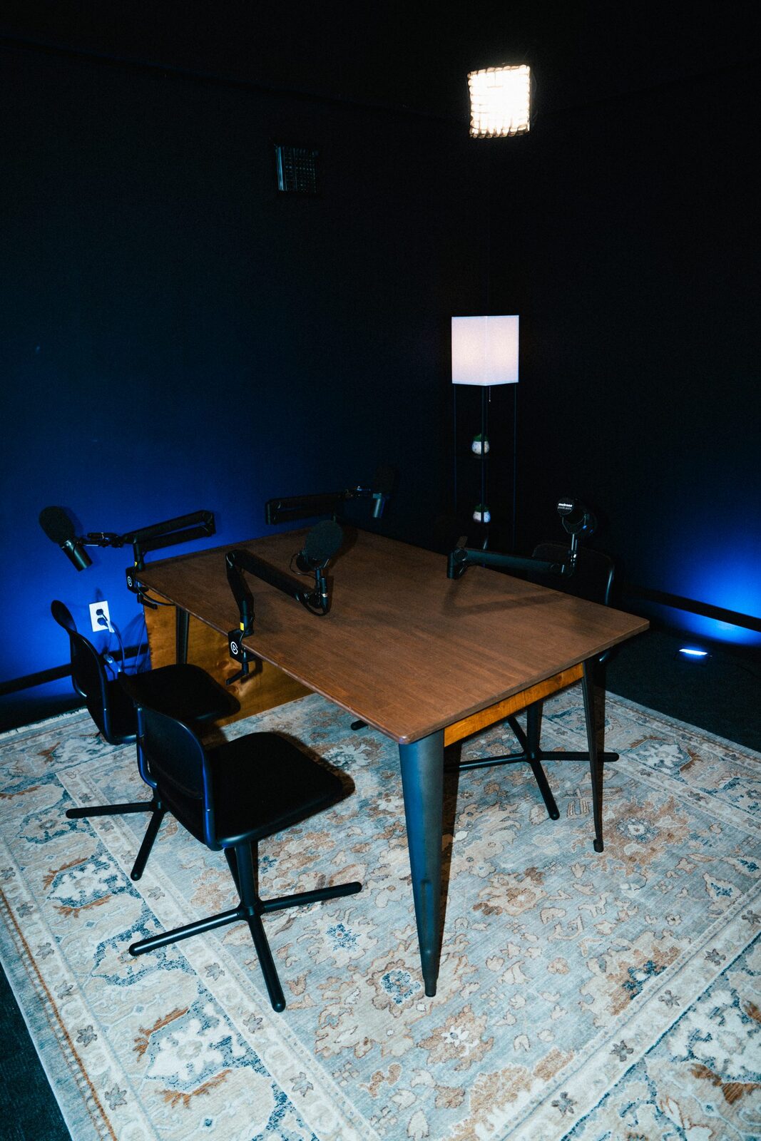 Austin podcast set with moody lighting